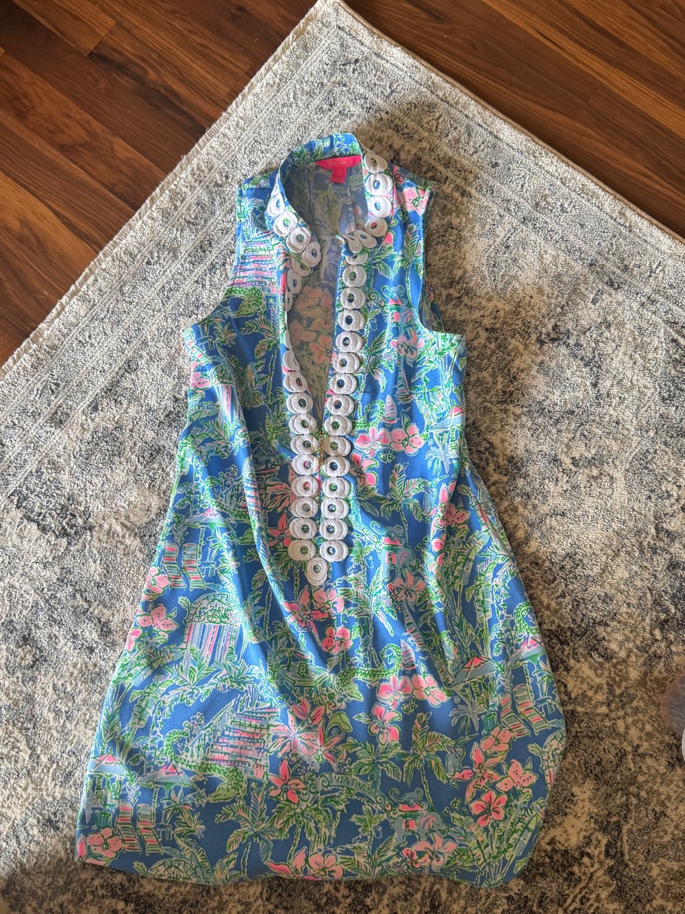 Blue Floral Sleeveless Dress with Eyelet Trim